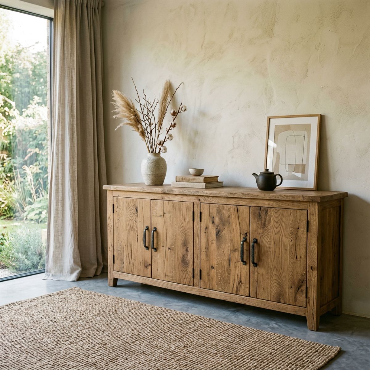 Decoración sostenible del hogar con muebles reacondicionados, textiles naturales y plantas.